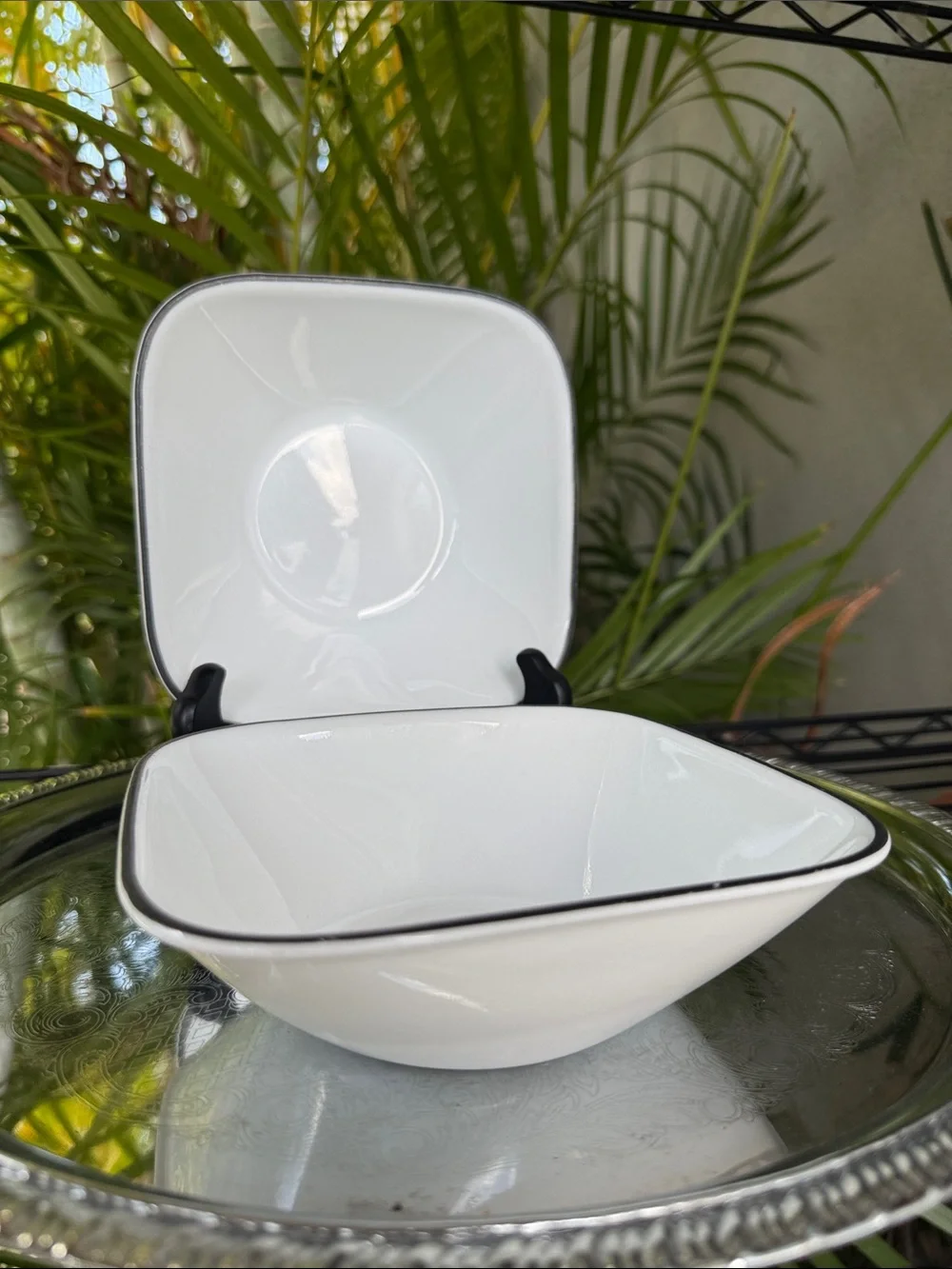 Corelle Simple Square Lines White Square Bowls with Black Trim - Set of 2